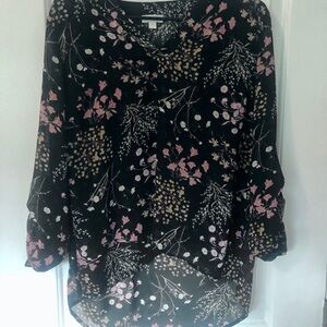 Charming Charlie Pink and White Floral Blouse with Mandarin Collar